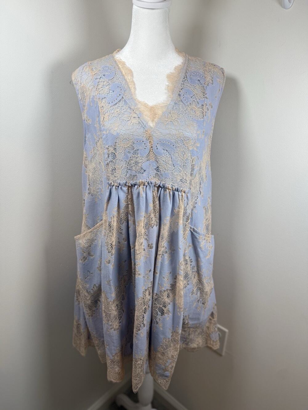 Umgee Women’s L Dress Purple Periwinkle Cream Lace Cottagecore Boho Peasant